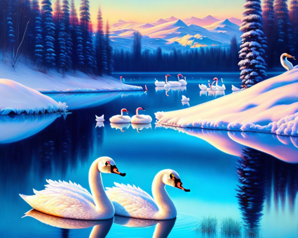 Tranquil winter twilight scene with swans on snowy lake