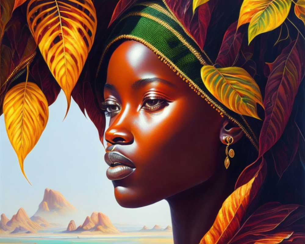 Portrait of a Woman with Green Headwrap Against Mountain and Sea Background