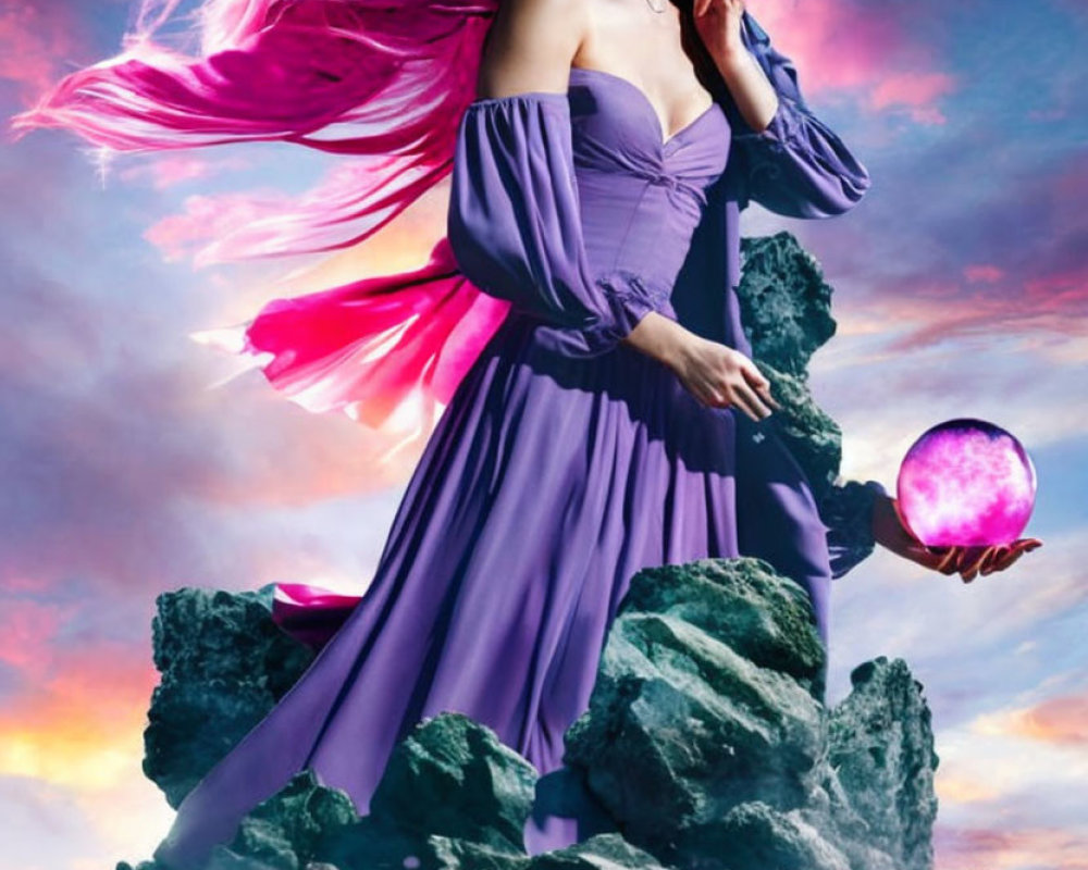 Woman in purple gown holds glowing orb on jagged rocks with pink cloud-scape.