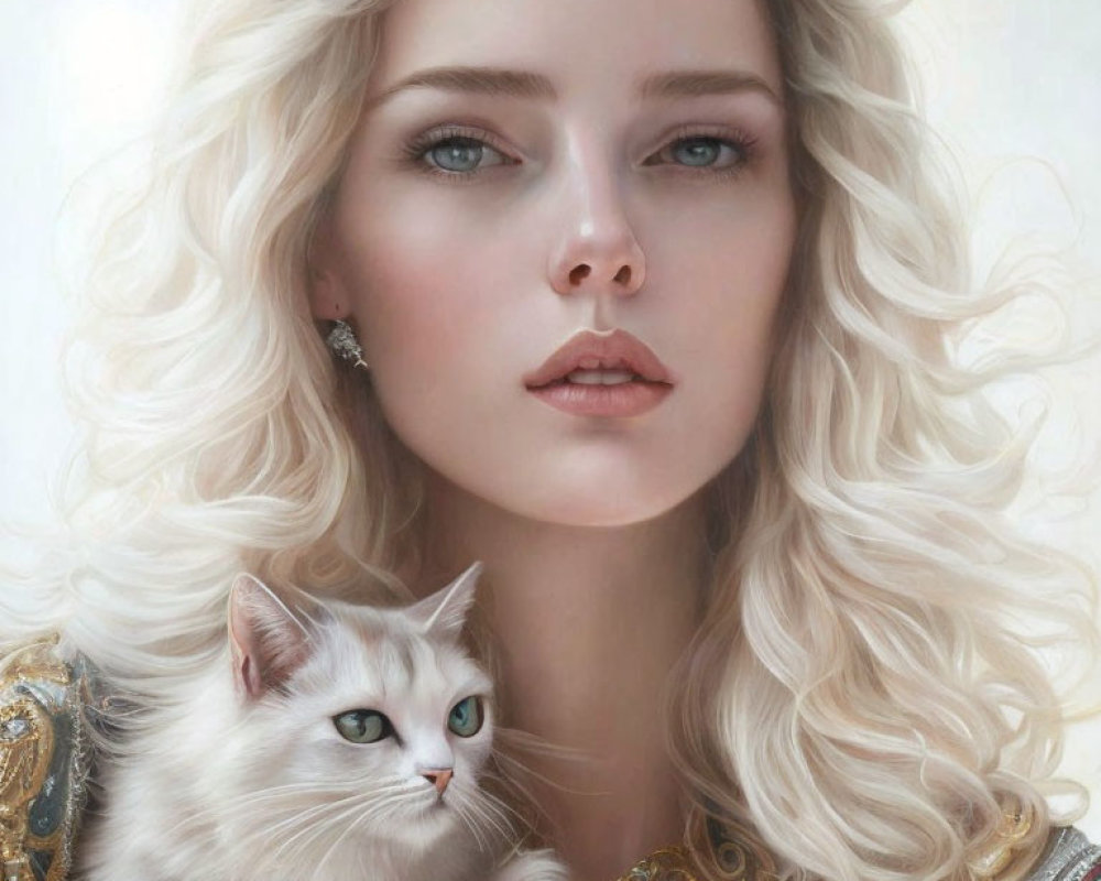 Detailed portrait of woman with blonde hair and white cat in regal attire