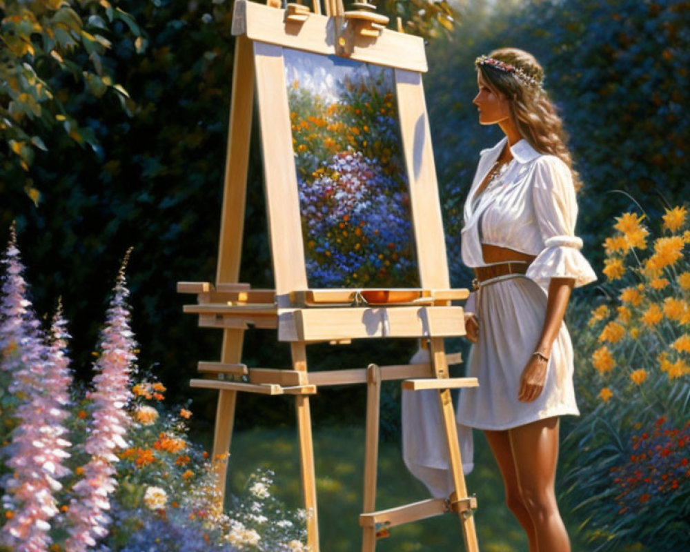 Woman in white dress painting in colorful garden