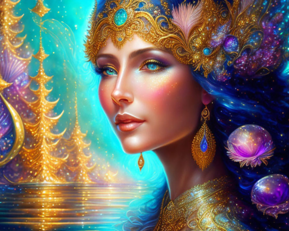 Colorful illustration: woman with blue hair and golden accessories in cosmic setting