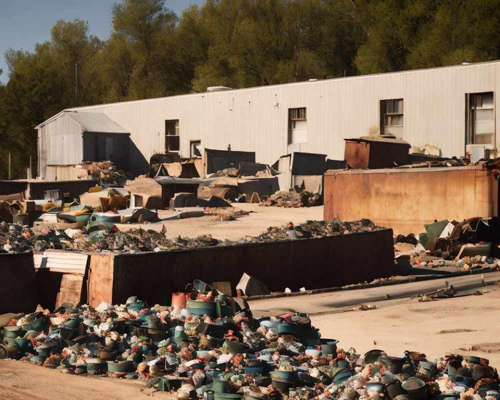 Industrial site with discarded items, metal containers, and warehouse building.