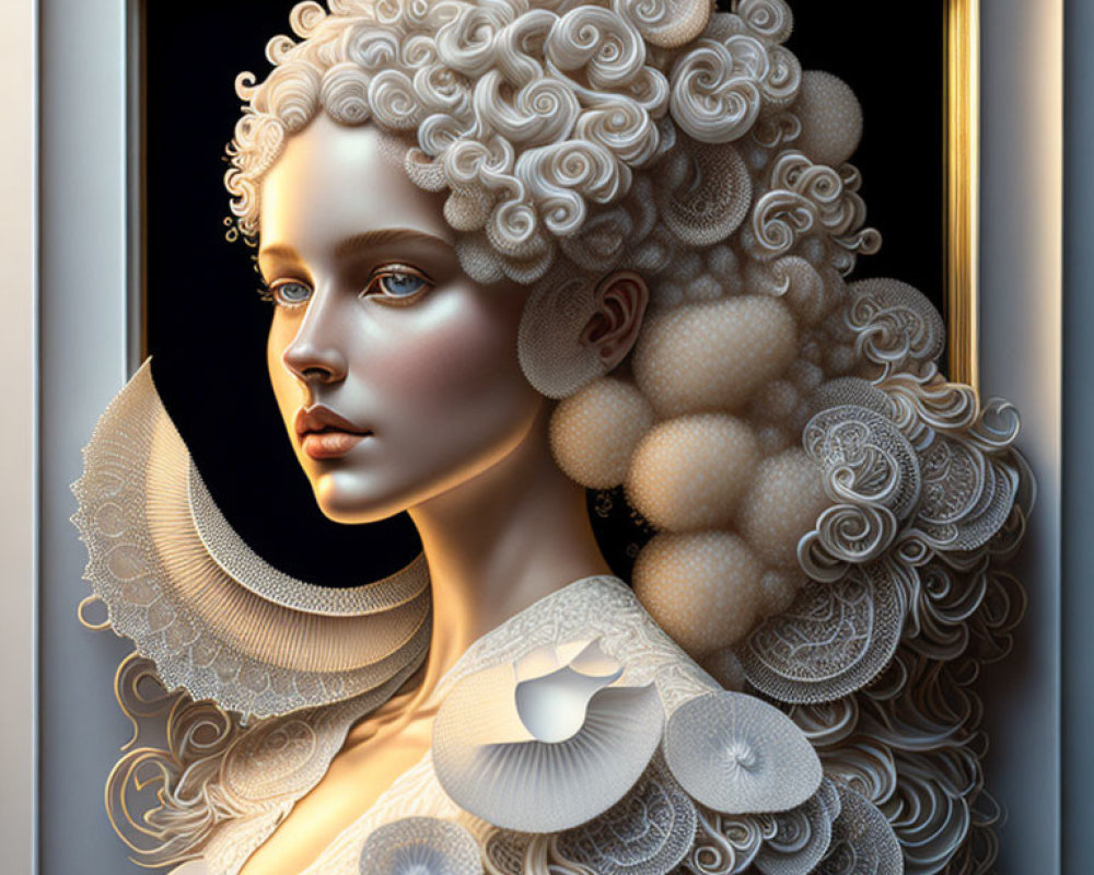 3D-rendered portrait of woman with curly hair and ruffled collar