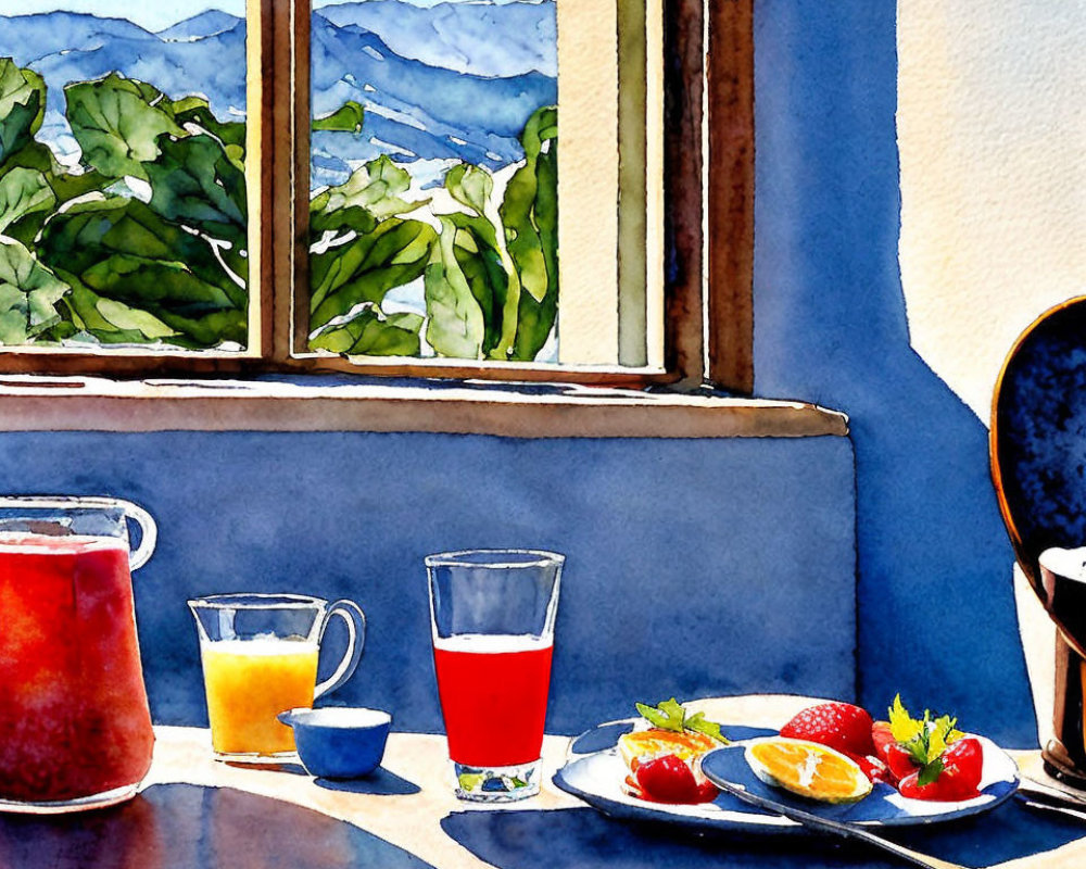 Colorful Watercolor Painting of Breakfast Scene with Mountain View