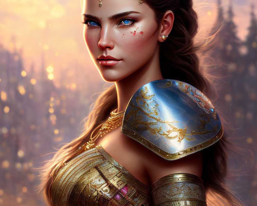 Fantasy female warrior digital portrait with blue eyes and ornate gold-trimmed armor