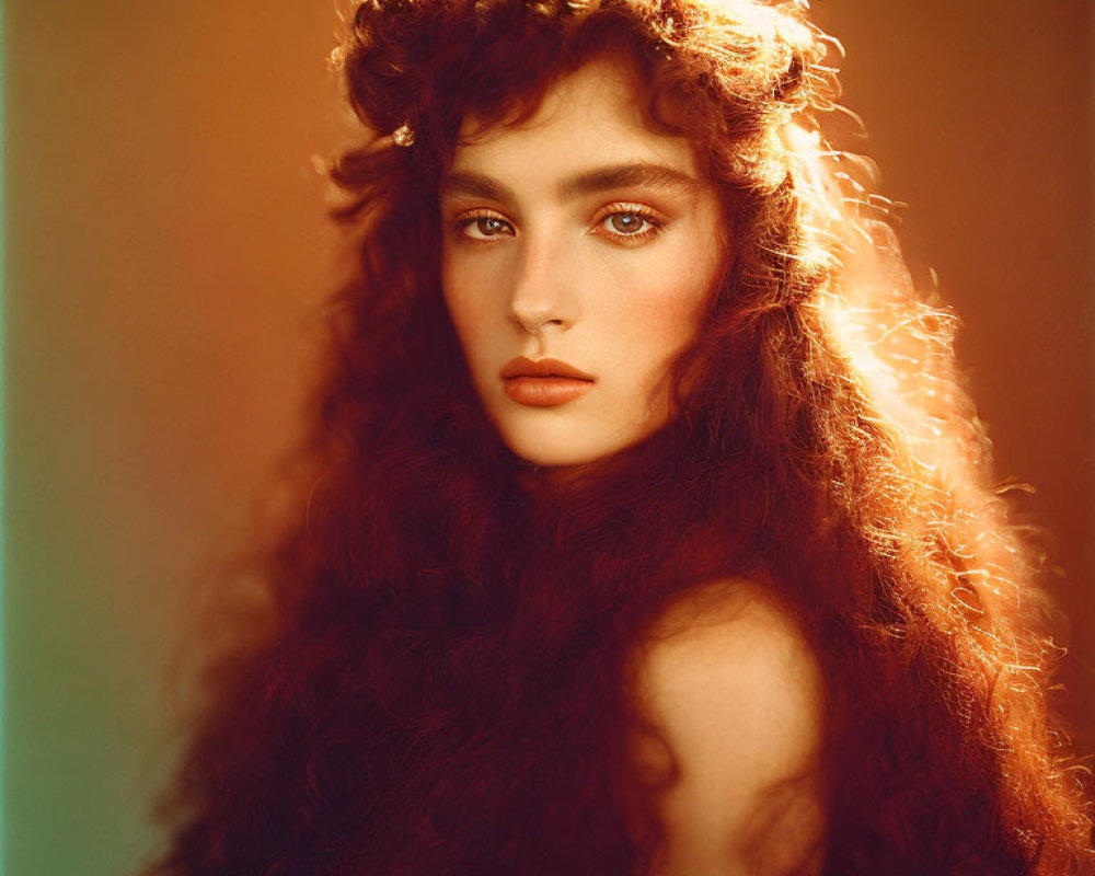 Portrait of woman with long curly red hair and striking eyes in warm light