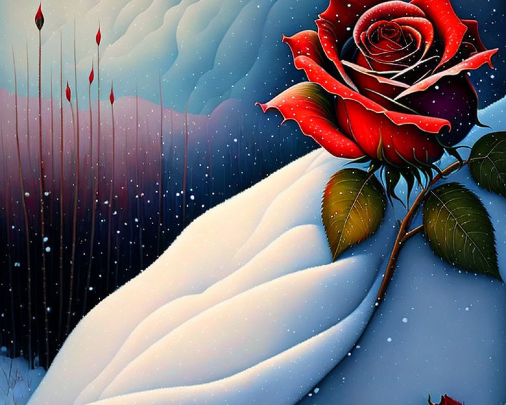 Red rose with droplets in snowy landscape under blue sky and falling snowflakes