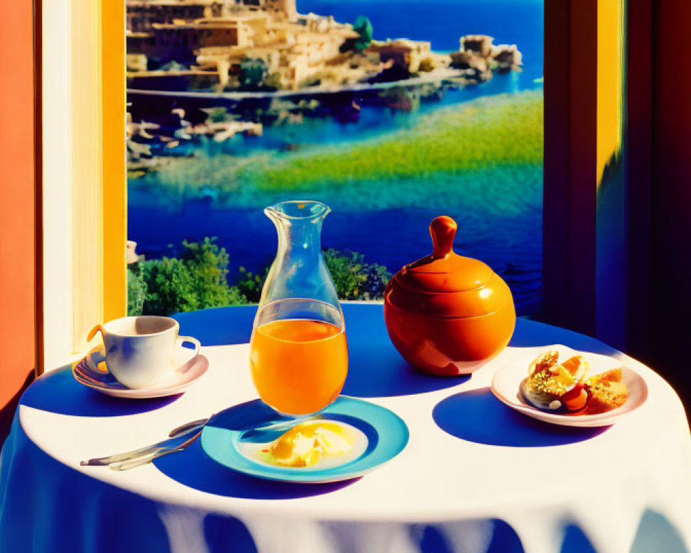 Breakfast table with beverage jug, cup, and plates by sea view.