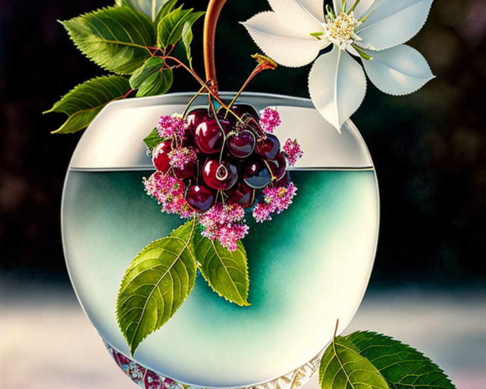 Colorful digital artwork: glass vase, cherries, leaves, blossoms, bokeh background