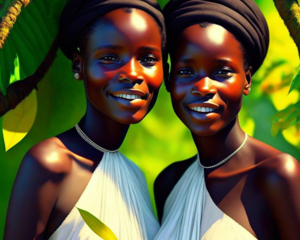 Smiling individuals with styled hair in white attire among green foliage