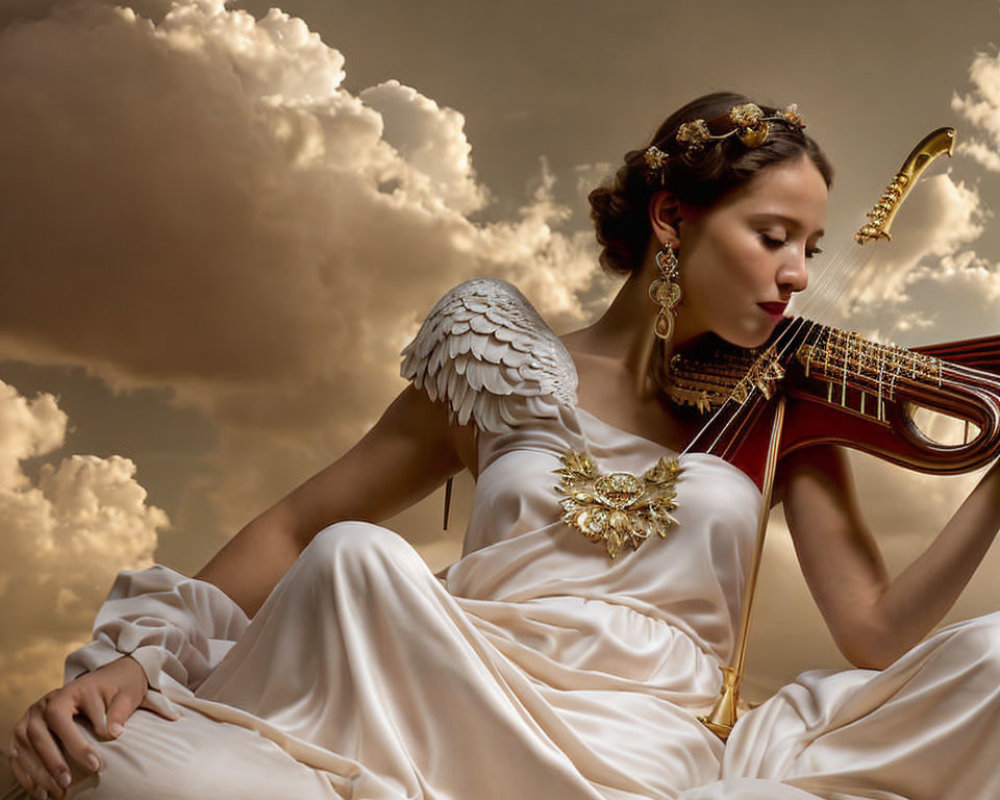 Woman in white dress with angel wing holding lyre against cloudy sky