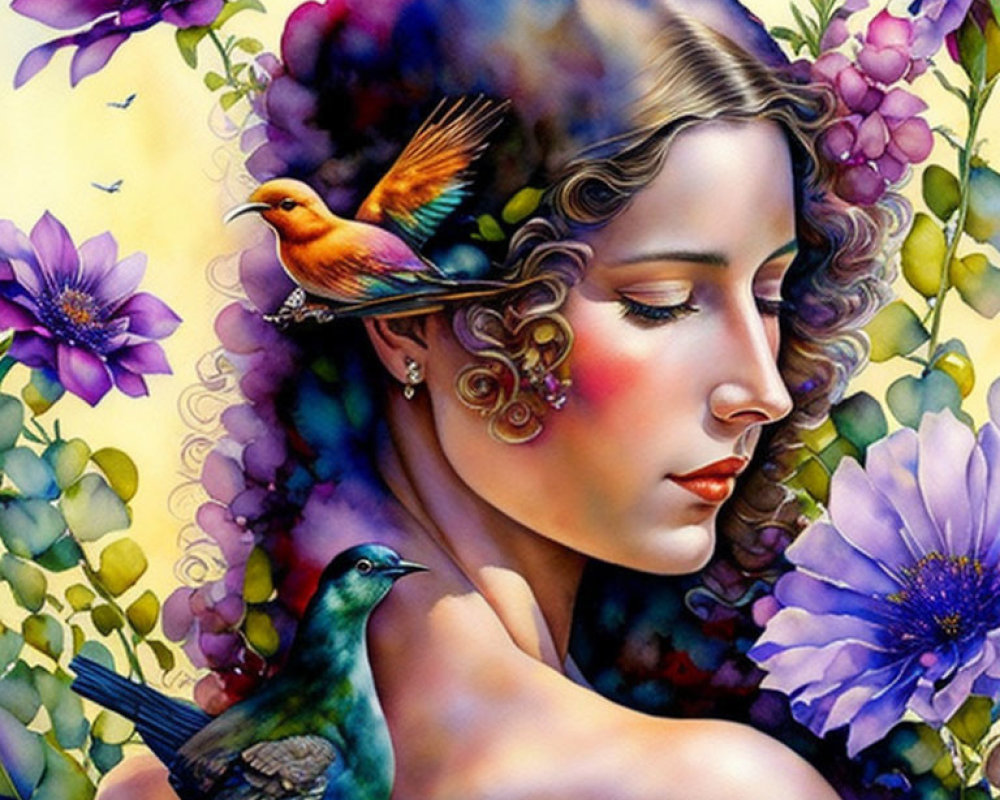 Colorful woman surrounded by flowers and birds artwork.