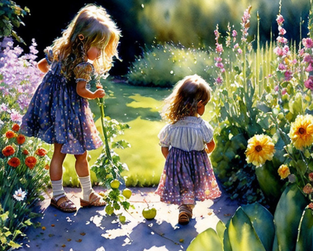 Young girls in floral dresses exploring vibrant garden scene