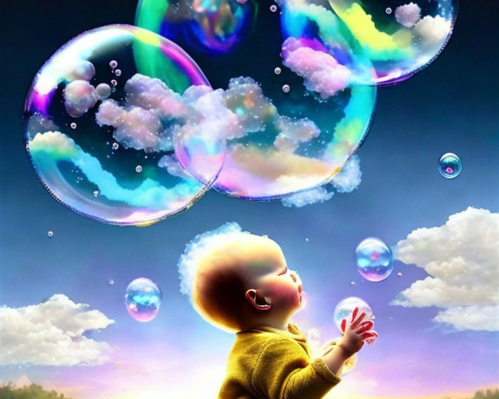 Child reaching out to vibrant, oversized iridescent bubbles at sunset