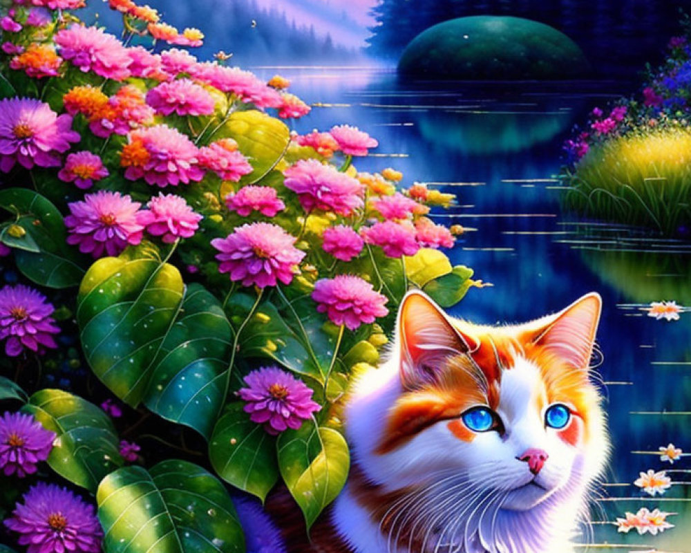 Colorful Cat with Blue Eyes in Lush Landscape with Blooming Flowers