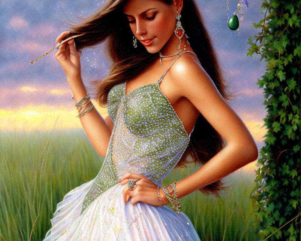 Elegant woman in bejeweled dress with necklace in hand, standing in tall grass at dusk