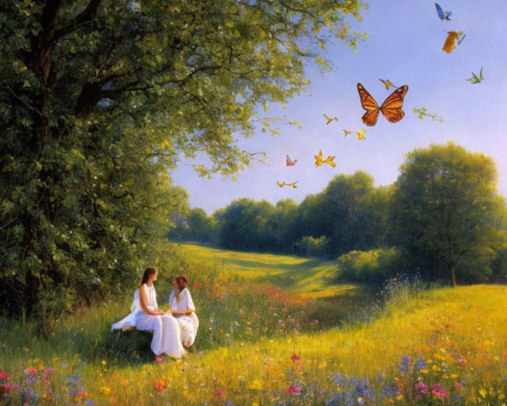 Vibrant meadow scene with two individuals, flowers, butterflies, and tree shade