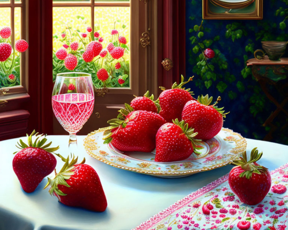 Plate of Strawberries on Floral Tablecloth with Garden View