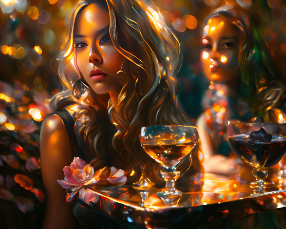 Woman with Wavy Hair at Table with Glasses and Flowers in Warm, Sparkling Lights