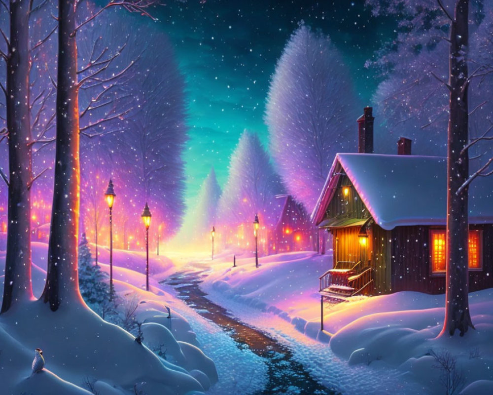 Snow-covered cabin with lampposts under northern lights