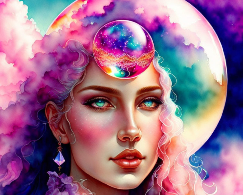 Vibrant illustration of woman with cosmic sphere in front of moon & vivid clouds