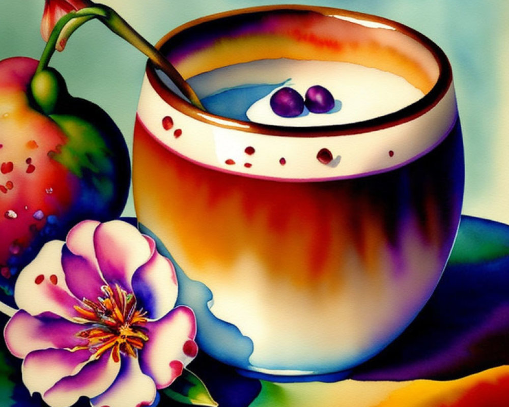 Colorful painting of cup with creamy beverage, berries, strawberry, and flower on abstract background