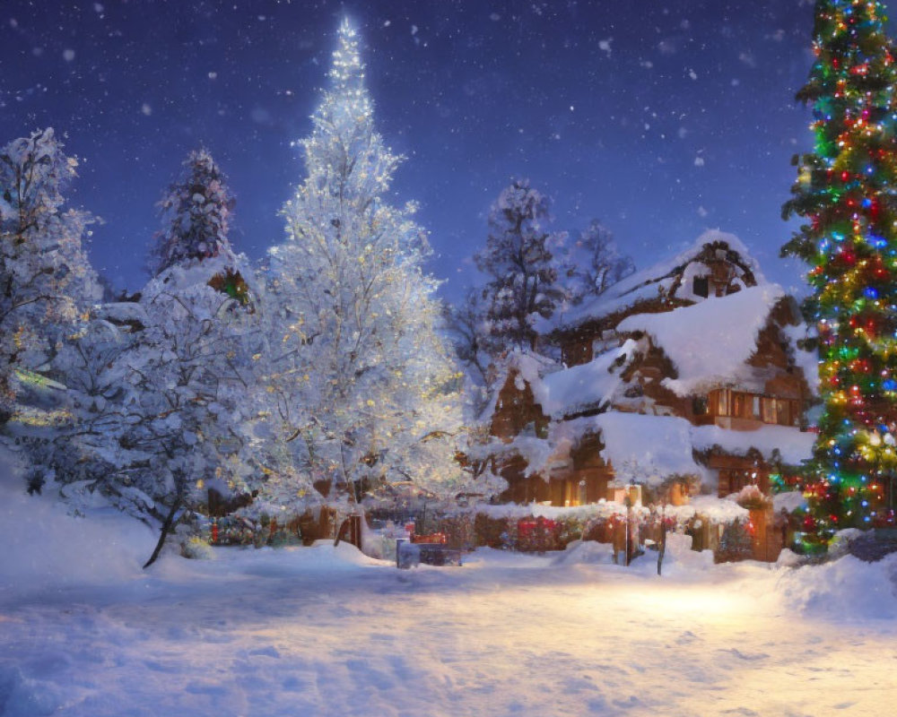 Winter Wonderland: Snowy scene with illuminated trees, Christmas tree, cozy cottage under starry sky