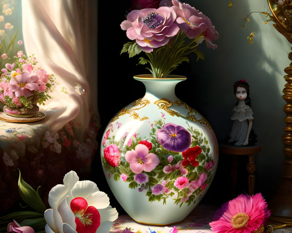 Floral vase with blossoming flowers, doll, and drawn curtain in shadowy setting