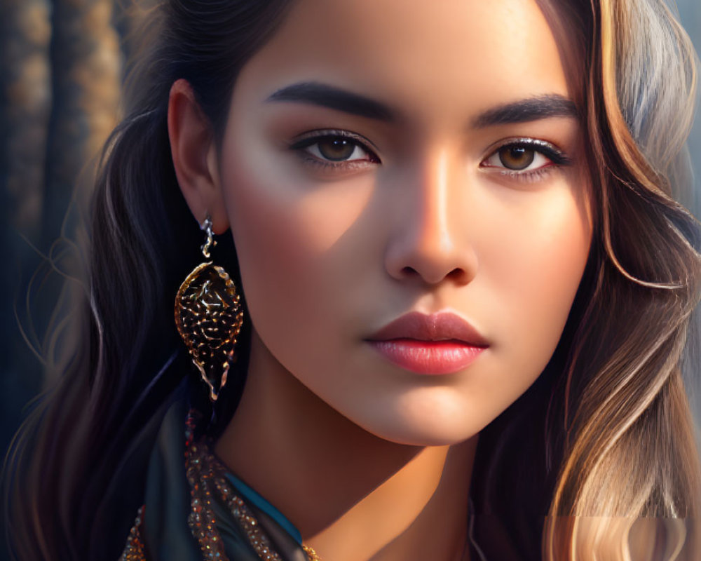 Detailed Portrait of Woman with Long Hair and Elegant Jewelry