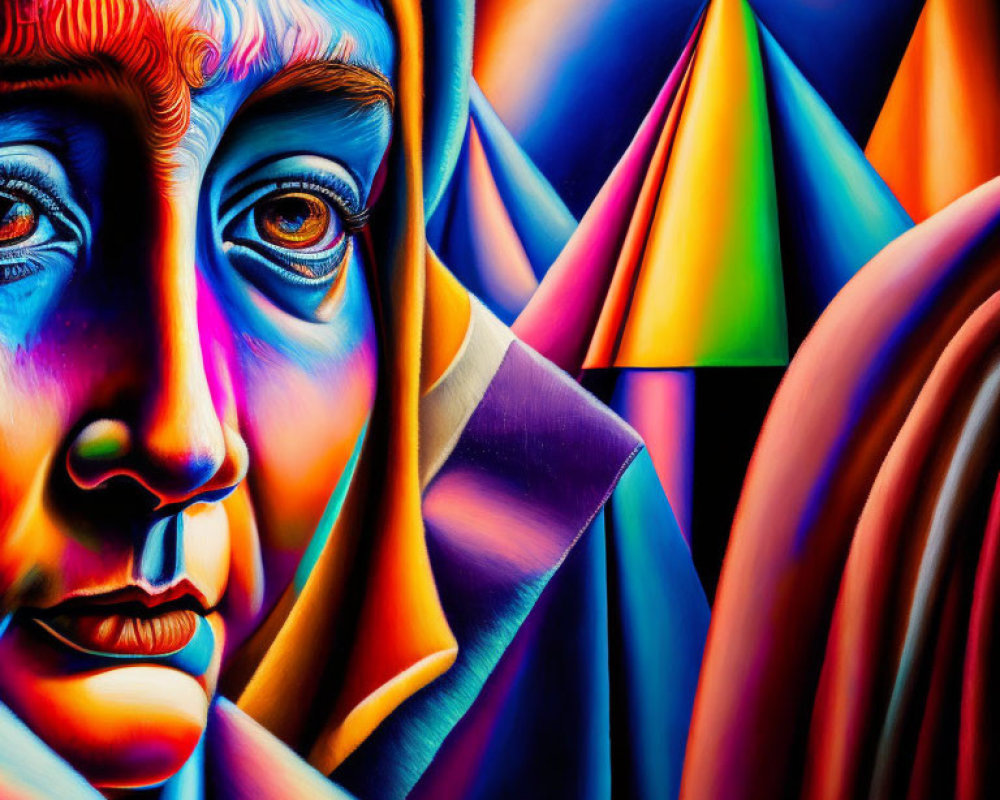 Colorful surreal portrait of female face against geometric background