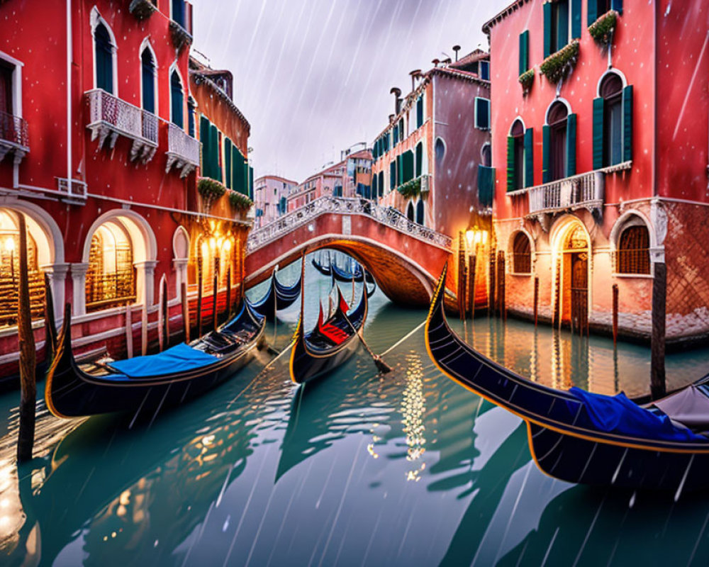 Gondolas on Venice Canal with Bridge and Red Buildings at Twilight