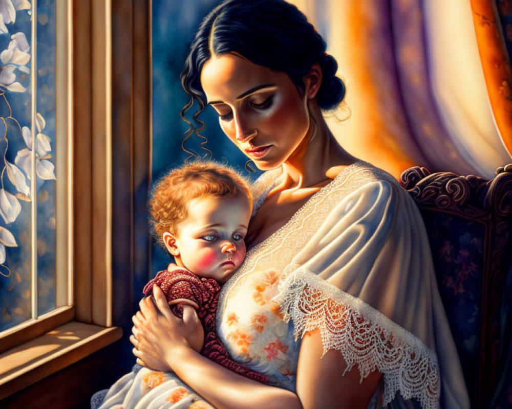 Mother Holding Sleeping Baby by Window in Warm Light