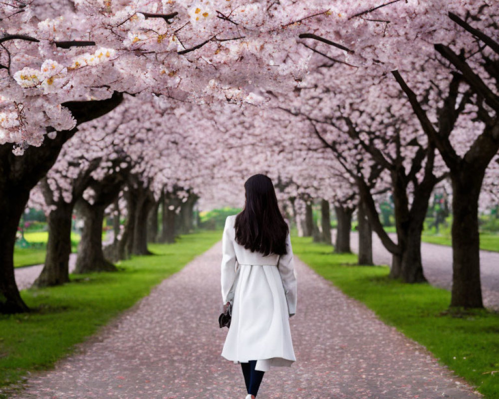 Person walking among blooming cherry trees in a lush park