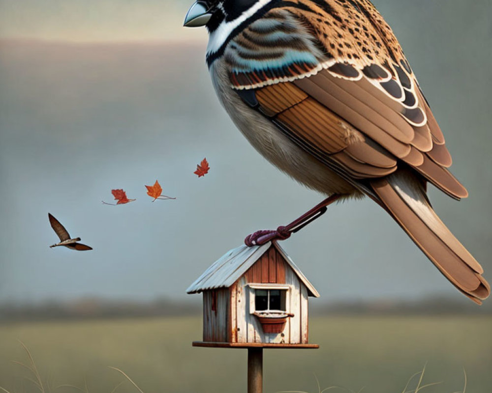 Detailed bird perched on birdhouse post with flying bird and leaves in background