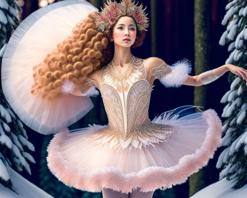 Woman in ornate ballet costume in wintry forest with headdress - fantasy meets elegance