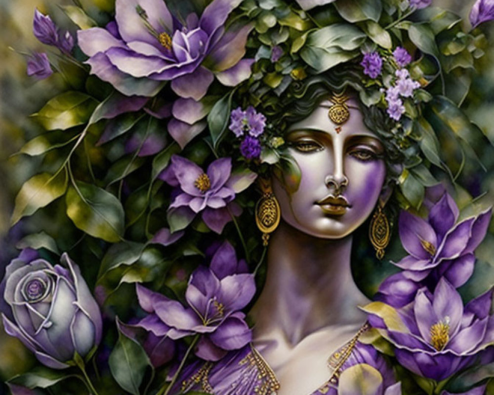 Portrait of a Woman with Purple Flower Elements