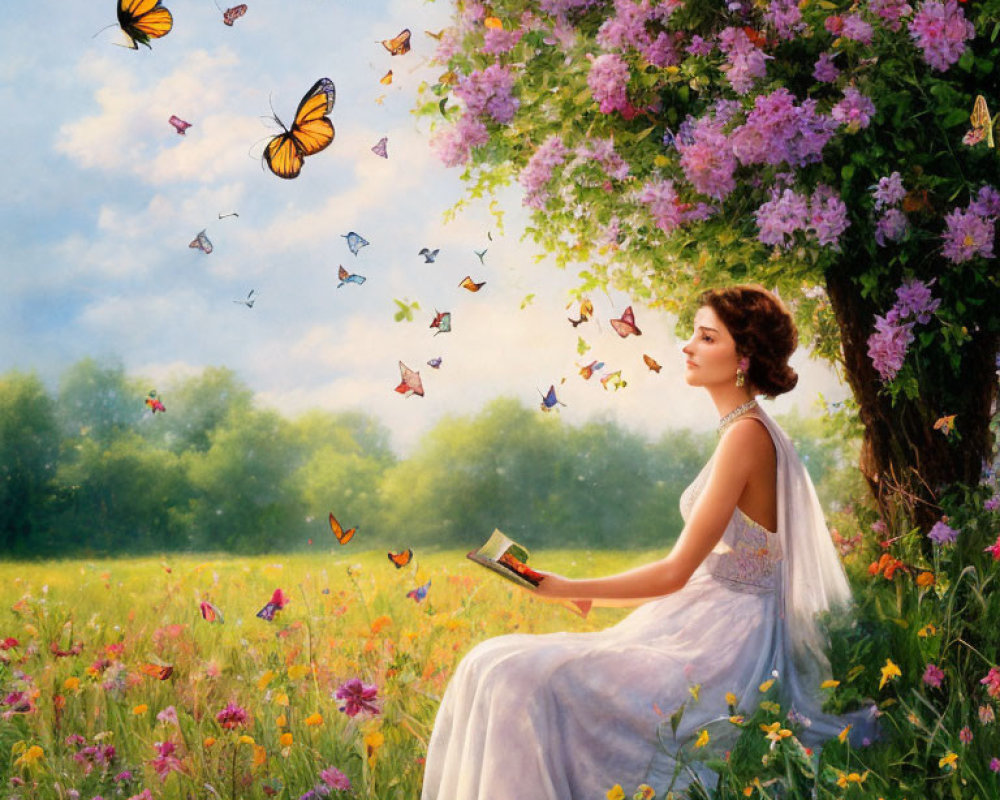 Woman in white dress reading book in flower-filled meadow with butterflies