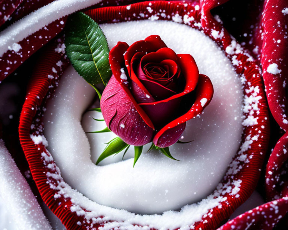 Red rose and green leaf on white snow with red and white fabric spiral.