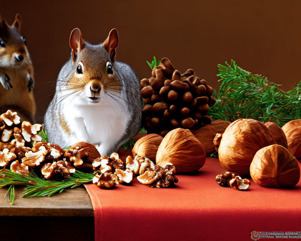 Two squirrels with nuts and pinecones on red surface