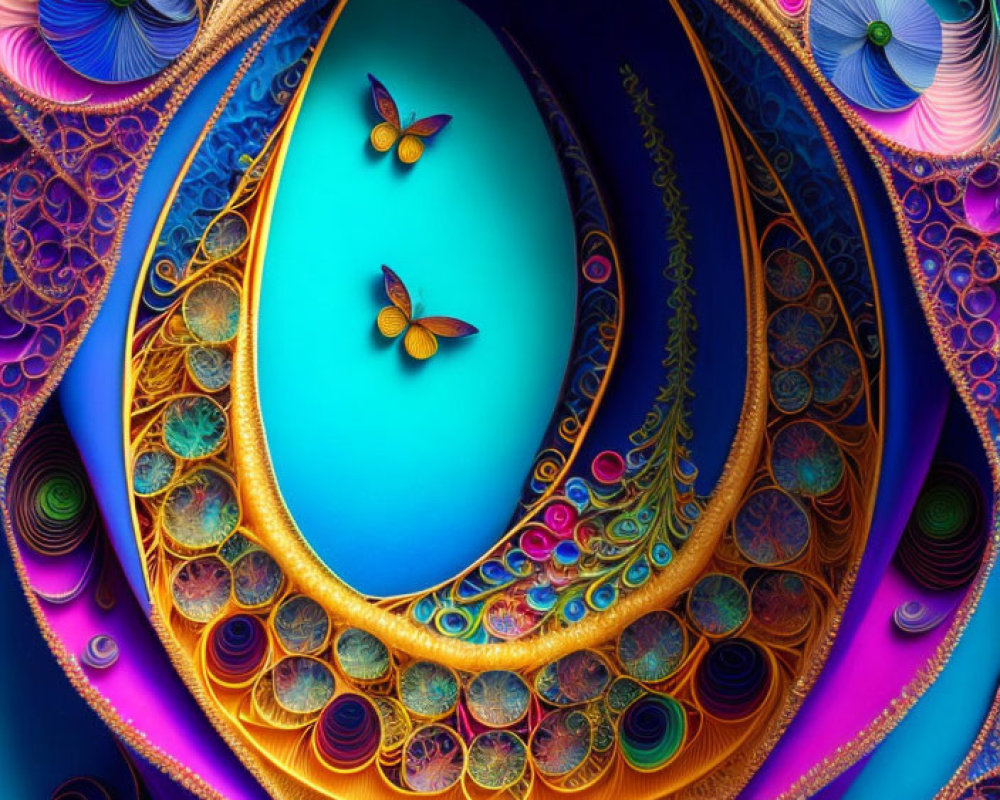 Colorful fractal image with swirling blue, purple, and gold patterns and illustrated butterflies.