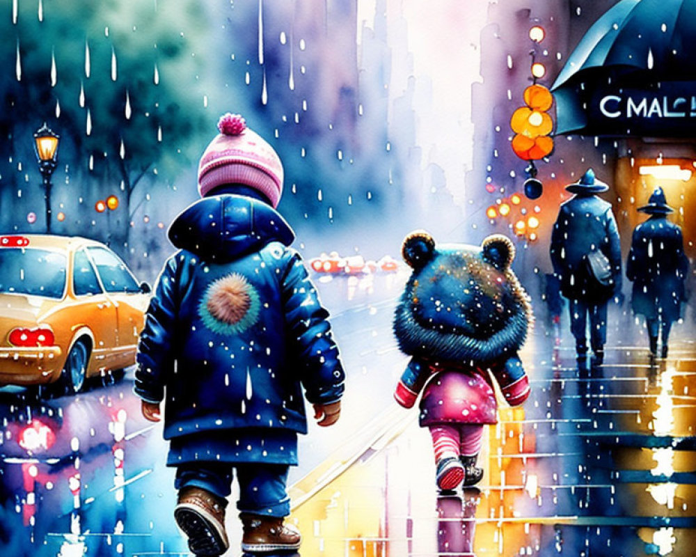 Child and Teddy Bear Animated Figures Walking in Rainy City Street