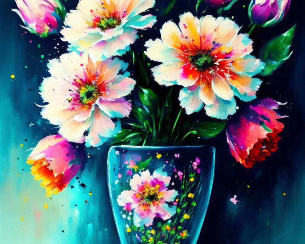 Colorful Flower Bouquet Painting on Dark Background with Splattered Accents