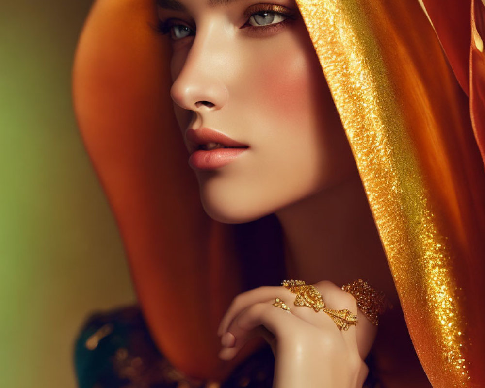 Pensive woman in golden headscarf and bracelet under warm lighting