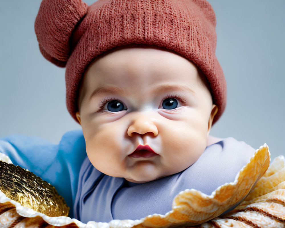 Wide-eyed baby in brown beanie and blue outfit in shell prop.