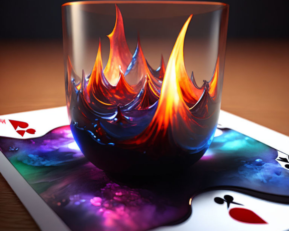 Realistic Fire Design on Clear Glass with Vibrant Playing Cards