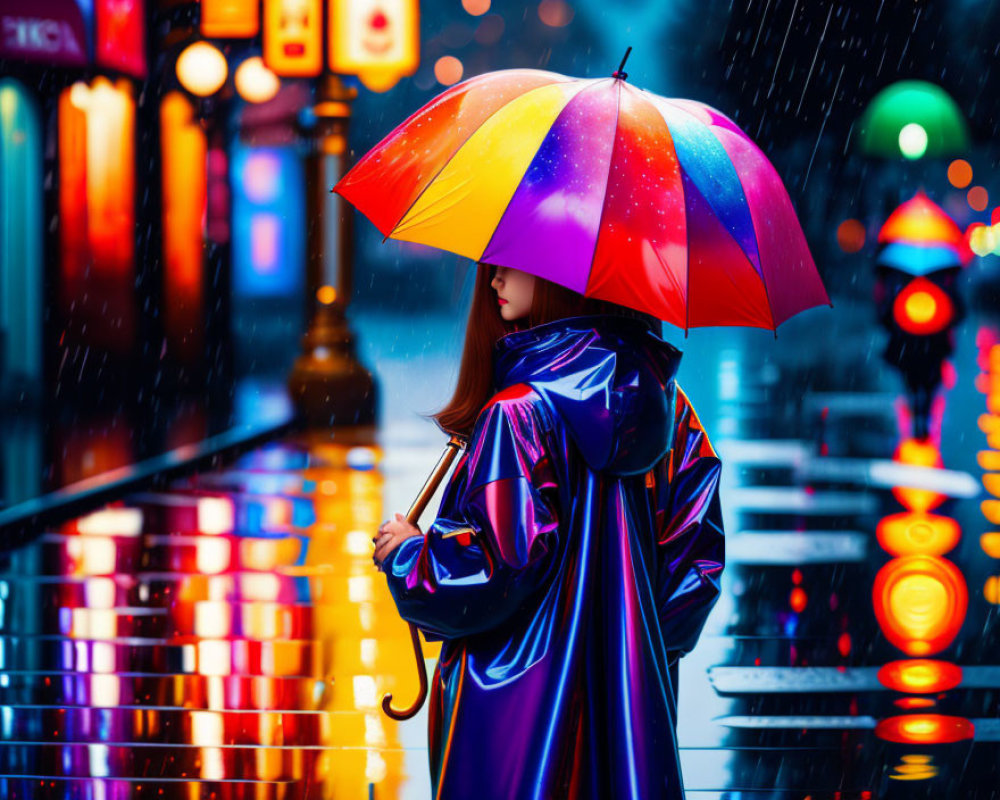 Colorful umbrella holder in neon-lit rainy street at night