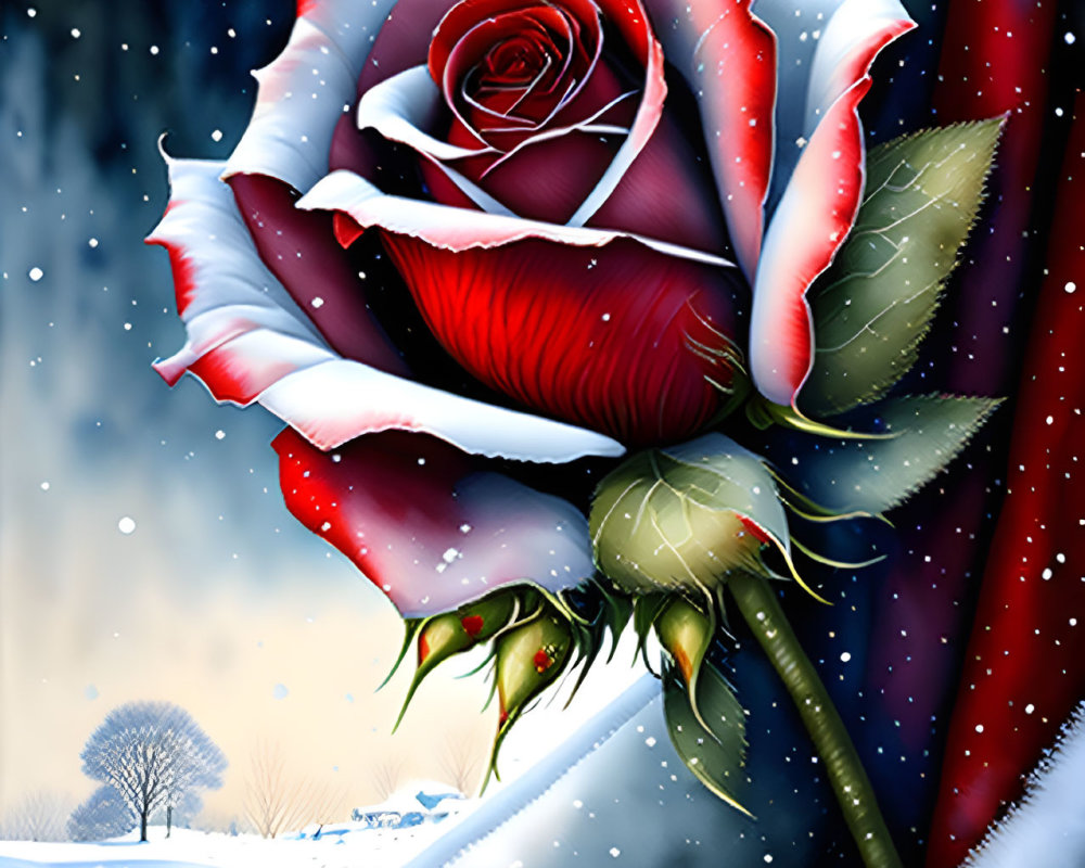 Red and White Rose in Snowy Landscape with Solitary Tree and Red Curtain