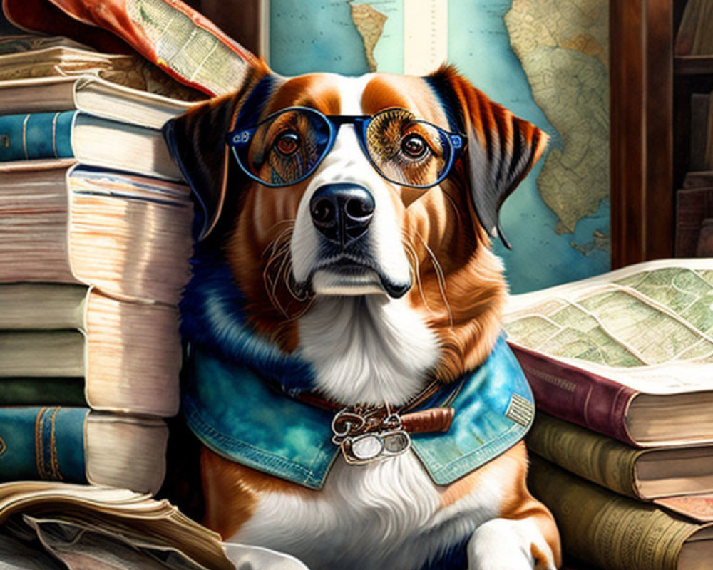 Scholarly Dog Surrounded by Books and Maps for Exploration Theme