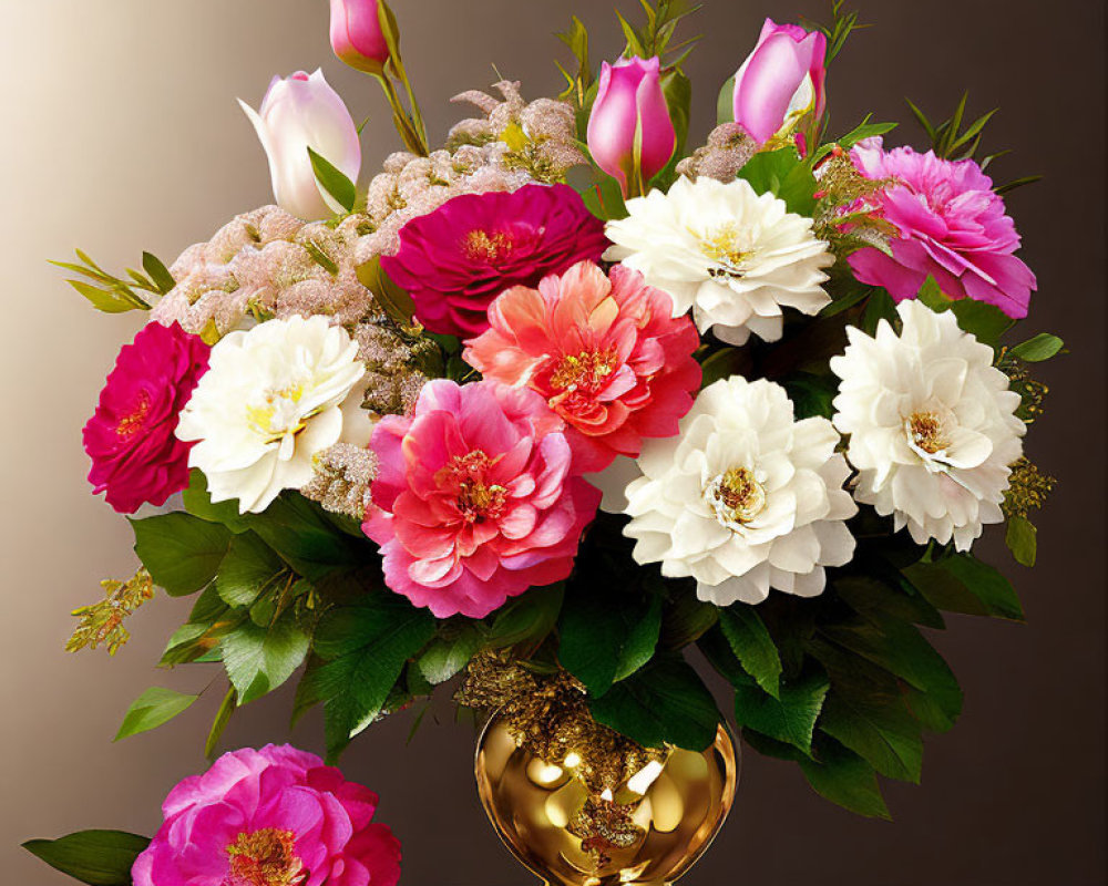 Pink and White Flowers in Golden Vase on Brown Background